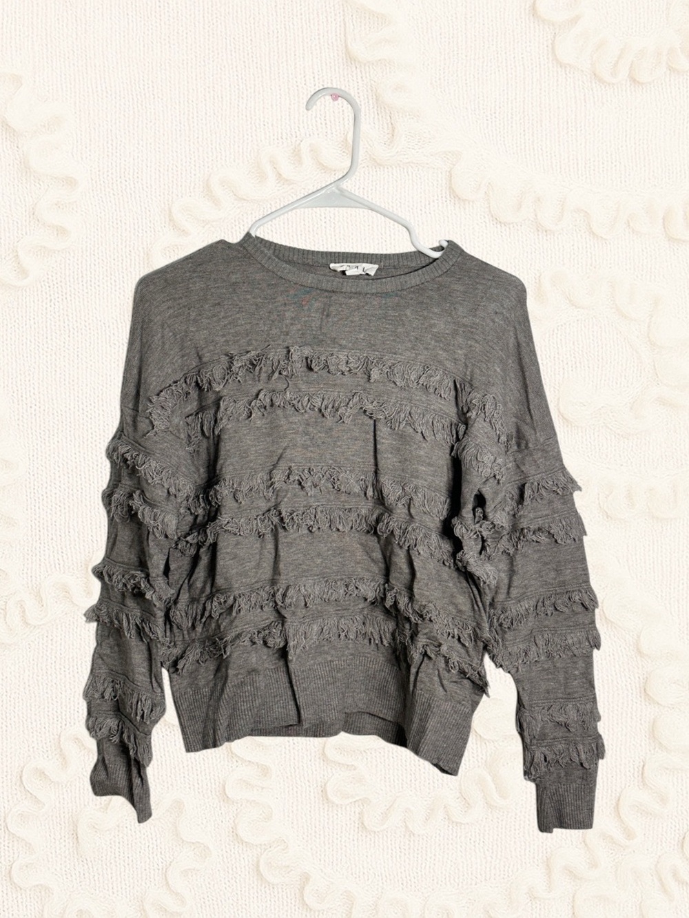 THML Fringe Trim Pullover Sweater Ruffle Detail Sweater in Gray Size Small